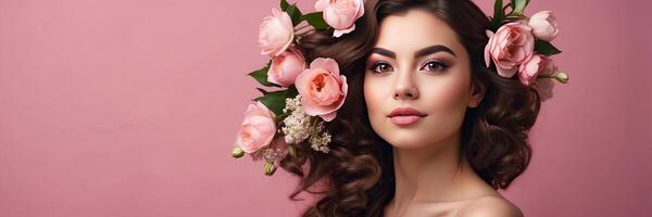 ai generato un' giovane brunetta donna con un' acconciatura di primavera fiori nel sua capelli su un' rosa solido sfondo. femminile bellezza ritratto, trucco, acconciatura, stilista, femminile energia. ai generato foto