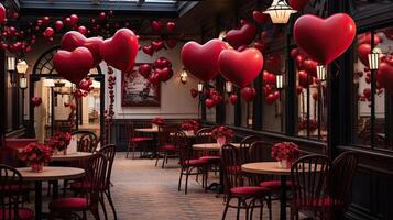 ai generato il tavoli nel il bar siamo decorato con rosso palloncini nel il forma di un' cuore per San Valentino giorno. ai generato foto