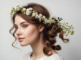 ai generato un' giovane brunetta donna con un' acconciatura di primavera fiori nel sua capelli su un' bianca solido sfondo. femminile bellezza ritratto, trucco, acconciatura, stilista, femminile energia foto
