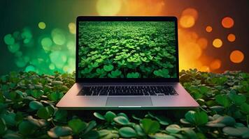 ai generato il computer portatile con un' verde trifoglio su il tenere sotto controllo nel un' magico arredamento per st. Patrick giorno. di stagione a distanza opera, Internet, un' vacanza carta, acquisti, fortuna, verde Casa. ai generato foto