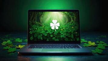 ai generato il computer portatile con un' verde trifoglio su il tenere sotto controllo nel un' magico arredamento per st. Patrick giorno. di stagione a distanza opera, Internet, un' vacanza carta, acquisti, fortuna, verde Casa. ai generato foto