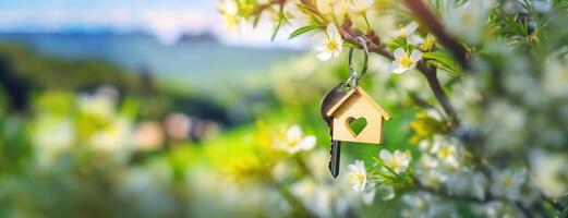 ai generato un' chiave squillare con un' Casa forma si blocca su un' fioritura ramo, incarnando casa sogni. portachiavi suggerisce nuovo inizi in mezzo primavera fiori. vero proprietà, in movimento casa o Noleggio proprietà foto