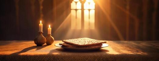 ai generato tradizionale Pasqua ebraica seder elementi. Pesach con matzah pane su il tavolo, illuminato di il caldo splendore di lume di candela. ebraico vacanza, tradizione e il importanza di storia e famiglia foto