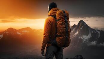 ai generato escursionista indossare un arancia giacca sta su un' scogliera Guardando il tramonto. foto