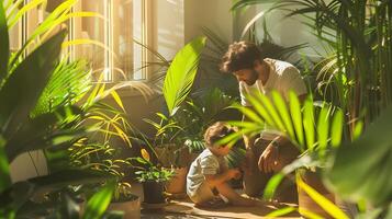 ai generato molti bellissimo lussureggiante interno impianti su il balcone. padre e figlio giocando insieme foto