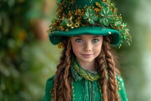 ai generato un' poco ragazza indossare il santo Patrick giorno costume, festeggiare il carnevale nel onore di il nazionale irlandesi vacanza, Irlanda Festival su sfocato sfondo. st. Patrick giorno concetto. foto