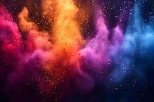 ai generato colorato holi polvere colori con spruzzo su buio sfondo. contento holi indiano Festival dahan bandiera concetto con copia spazio. foto