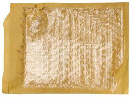un' frammento di un Busta fatto di Marrone carta con bolla avvolgere dentro. foto