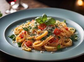 ai generato delizioso stile italiano pasta piatti con spaghetti su un' piatto guarnito con basilico e formaggio foto