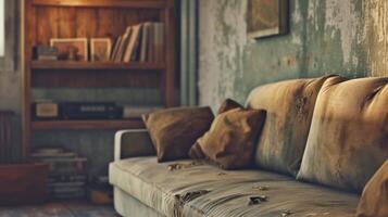 ai generato Vintage ▾ vivente camera angolo e anziano divano. ai generato. foto