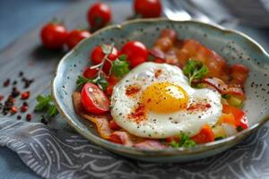 ai generato bellissimo e salutare prima colazione. fritte uovo con ciliegia pomodori, Bacon, verdure e erbe aromatiche. realistico cibo foto, avvicinamento. ai generato foto