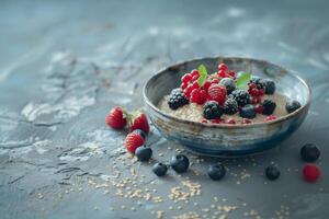 ai generato salutare prima colazione. ciotola con quinoa e frutti di bosco. strutturato base, pastello colori, avvicinamento. ai generato foto