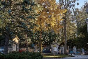 Chiesa recinto contro il fondale di autunno alberi foto