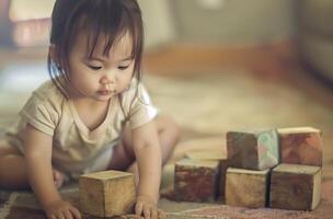ai generato un asiatico bambino giocando con blocchi. generato di artificiale intelligenza. foto