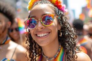 ai generato avvicinamento di un' gioioso giovane donna indossare colorato a tema arcobaleno occhiali da sole e abbigliamento, incarnando il vivace spirito di il orgoglio parata. generativo ai. foto