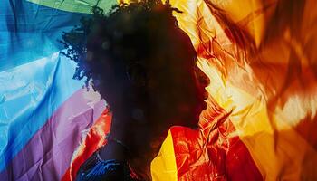 ai generato silhouette di un' persona impostato contro un' vivido color arcobaleno sfondo, simboleggiante diversità e libertà. generativo ai. foto