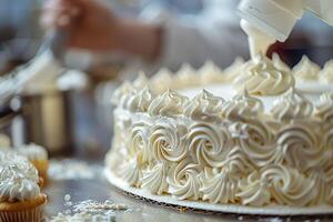 ai generato avvicinamento di un squisitamente decorato bianca crema torta. generativo ai. foto