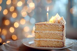 ai generato un' fetta di un' classico compleanno torta sormontato con cremoso glassa e colorato spruzzatori. generativo ai. foto