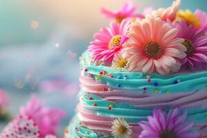 ai generato un' capriccioso torta con pastello blu e rosa glassa, scherzosamente decorato con luminosa, fresco fiori e colorato spruzzatori. generativo ai. foto