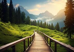 ai generato un' ponte al di sopra di un' fiume nel un' foresta foto