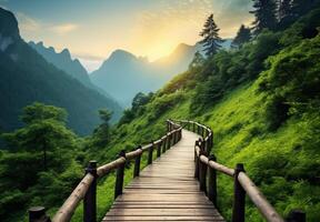 ai generato un' ponte al di sopra di un' fiume nel un' foresta foto