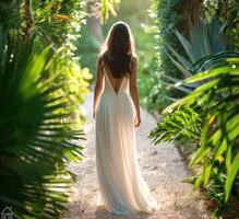 ai generato sposa passeggiate giù il sentiero nel un arboreto foto