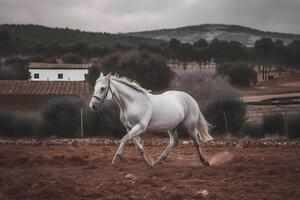 ai generato giovane Marrone cavallo al galoppo, salto su il campo su un' neutro sfondo. neurale Rete ai generato foto