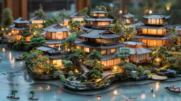 ai generato miniatura di giapponese giardino con illuminato lanterne e edifici. foto