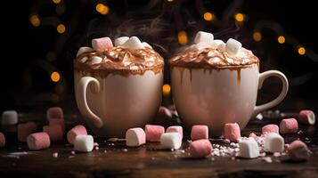 ai generato Due tazze di caldo cioccolato, cacao o caldo bevanda con marshmallows. neurale Rete ai generato foto