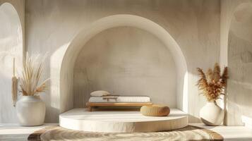 ai generato minimalista moderno interno design con letto e impianti foto