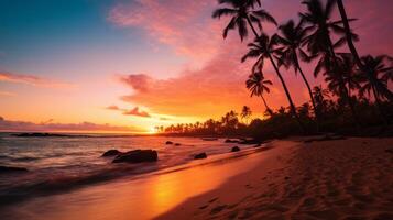 ai generato palma albero su il spiaggia durante tramonto rosa cielo di bellissimo un' tropicale spiaggia. neurale Rete ai generato foto