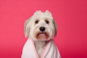 ai generato affascinante alla moda cane nel un' rosa veste. neurale Rete ai generato foto