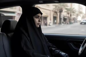 ai generato bellissimo musulmano donna guida macchina. neurale Rete ai generato foto
