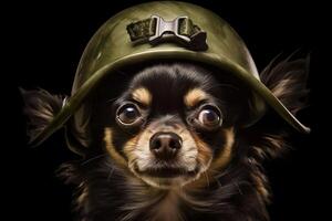 ai generato chihuahua cane nel un' militare casco. neurale Rete ai generato foto