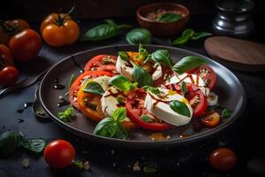 ai generato italiano caprese insalata con affettato pomodori, Mozzarella formaggio, basilico e oliva olio. neurale Rete ai generato foto
