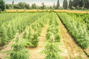 ai generato marijuana fioritura impianti natura di azienda agricola campo con verde. neurale Rete ai generato foto