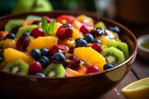 ai generato ciotola di salutare fresco frutta insalata su di legno sfondo. superiore Visualizza. neurale Rete ai generato foto