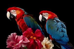 ai generato bellissimo arcobaleno pappagalli e fiori su un' nero sfondo. neurale Rete ai generato foto