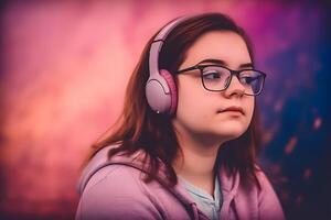 ai generato ragazza ascoltando per musica con senza fili cuffie neon luce. neurale Rete ai generato foto