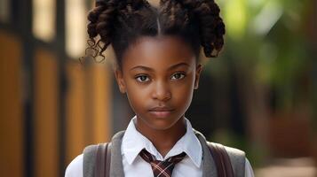 ai generato contento carino africano americano inteligente ragazza con un' Riccio afro acconciatura. neurale Rete ai generato foto