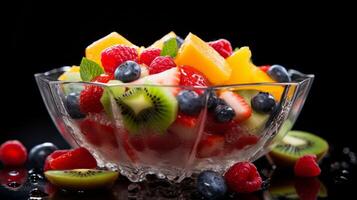 ai generato fresco gustoso frutta insalata nel il ciotola. neurale Rete ai generato foto