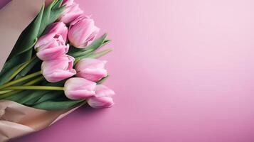 ai generato bellissimo rosa tulipani su rosa sfondo. neurale Rete ai generato foto