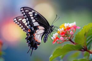 ai generato di farfalla grazioso scendete in mezzo il morbido sfocatura di fioritura petali. foto