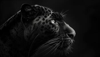 ai generato nero sfondo. nero leopardo ritratto su un' nero sfondo. avvicinamento. foto