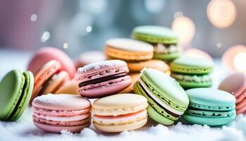 ai generato fantasia pastello colore amaretti, francese merenda, Pasticcino ricetta, mandorla Farina, colorato macarons di moda su bokeh sfocato sfondo foto