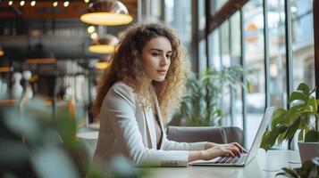 ai generato sorridente biondo donna d'affari Lavorando su sua il computer portatile a sua casa ufficio scrivania foto