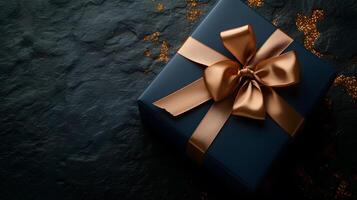 ai generato blu sfondo padroni di casa un' meravigliosamente avvolto regalo scatola ornato con un' rosso nastro, Perfetto per Natale, compleanni, vacanze, e celebrazioni foto