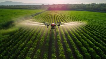 ai generato agricolo paesaggio con un' fuco spruzzatura acqua su un' lussureggiante verde campo sotto un' blu cielo e nuvole. foto