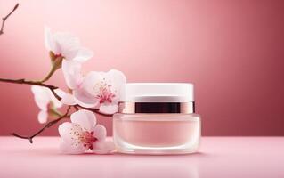 ai generato rosa cosmetico crema Prodotto con fiore nel 3d rosa sfondo foto