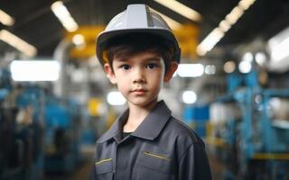 ai generato bambini indossare ingegneria uniformi nel un' fabbrica controllo macchinari futuro carriera sognare concetto foto